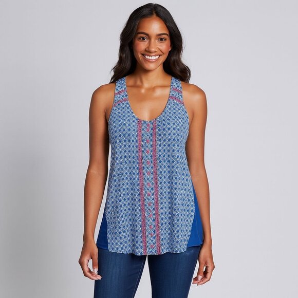 Dept 222 Cabana Nights Boho Tank Top Blue Print NWT PL Summer Vacation Resort - Picture 4 of 10